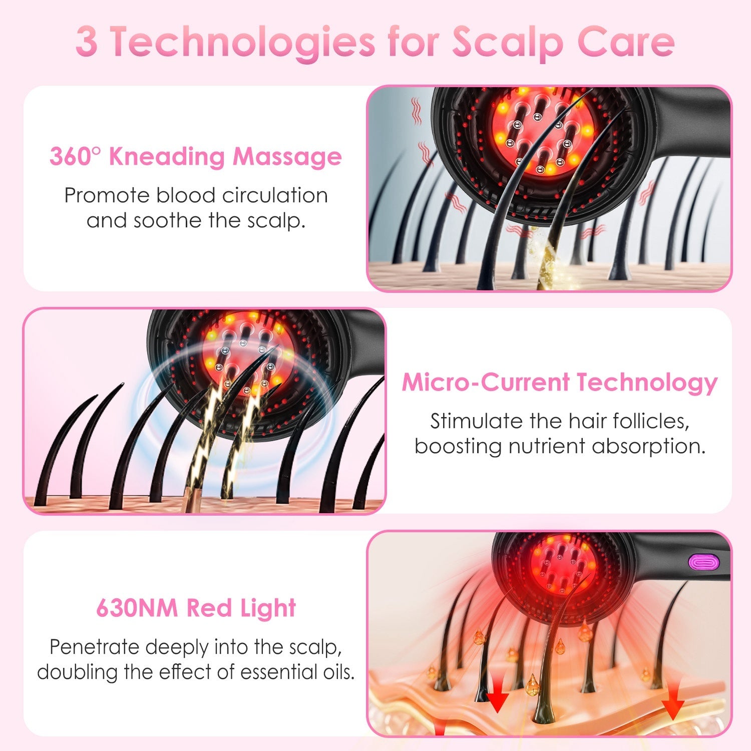 1Set 3 In 1 Red Light Scalp Massager Brush Cordless Hair Oil Applicator Massage Comb With 3 Modes Rechargeable IPX7 Waterproof